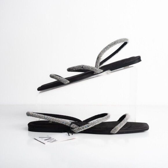 Zara Womens Black Strappy Rhinestone Slingback Flat Sandals Sz US 7.5 EU 38 - Picture 2 of 10